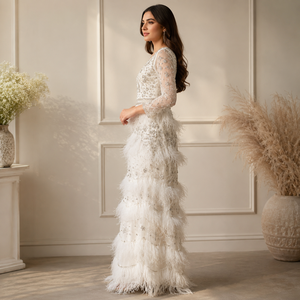 Women White Feather Beaded Maxi Gown <b>Sequin</b> Embellished V Neck Long Sleeve Tiered Evening Dress Luxury Wedding Party Formal - Product Image 2