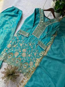 Ensemble de palazzo brodé miroir turquoise avec dupatta, tenue ethnique indienne traditionnelle pour femmes - Product Image 4