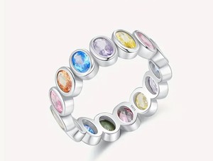 14k White Gold Luxury Engagement Eternity Band Ring Multicolor <b>Sapphire</b> Bezel Setting Lovers Shape Minimalist Style Unisex - Product Image 1