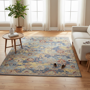 Tapis d'appoint en pure laine noué à la main - Tapis oriental de luxe bleu et or à motifs floraux, à poils ras et tuftés pour la décoration moderne du salon - Product Image 1
