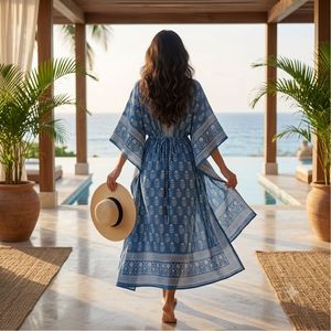 Caftán Holgado de Algodón Hecho a Mano, Versátil, con Auténtica Tintura Índigo, Estampado a Bloques Elegante, Diseño Personalizado, Largo hasta la Rodilla, Talla XL, Estilo Casual - Product Image 6