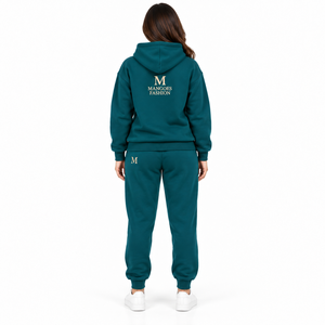 Conjunto Deportivo de Verano con Capucha Unisex MANGOES FASHION, Color Verde Azulado Sólido, 100% Algodón, Manga Larga, Pantalones Casuales con Cordón Lateral - Product Image 2