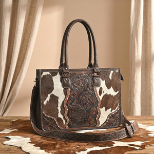 Western Cowhide Leather Tote Bag with Floral Tooled Design Adjustable <b>Shoulder</b> <b>Strap</b> for Women - Product Image 5