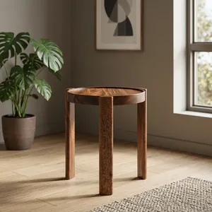 Modern Mango Wooden Side <b>Table</b> Minimalist Design Handmade Living Room Furniture Dark Wood Finish <b>Round</b> Top - Product Image 6