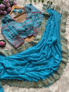 Sari Indio de Última Moda, Exclusivo y de Primera Calidad, en Georgette Suave con Bordado y Lentejuelas, para Bodas, Fiestas y Eventos Festivos, Atuendo Elegante para Mujer, Envío Rápido - Product Image 4