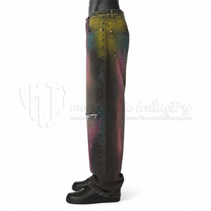 Jeans pour hommes personnalisés, noirs délavés, taille mi-haute, coupe ample, en denim épais, effet délavé par pulvérisation de couleur, style streetwear, vente en gros - Product Image 4
