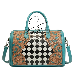 Bolso Boston de Cuero Turquesa con Diseño Western, Cierre de Cremallera, Estampado Floral Vintage, Bolso Speedy a Cuadros, Mini Bolso de Viaje - Product Image 1