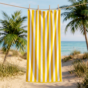 Serviette de bain de plage de luxe en coton 100% doux et épais, rayures jaunes cabana, blanc et jaune, taille personnalisée - Product Image 1