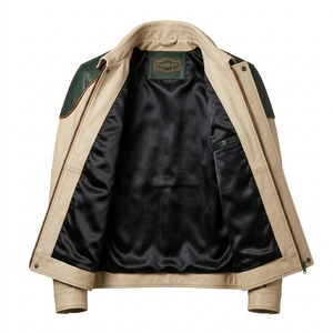 Premium Retro Green Beige Color Block Leather Motorcycle Jacket Men <b>Padded</b> Biker <b>Coat</b> Custom Moto Racing Outerwear Darkry - Product Image 5
