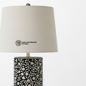 Handcrafted <b>Blue</b> Bone Inlay <b>Table</b> Lantern with Floral Pattern Luxury Decorative <b>Bedside</b> Lamp with Fabric Shade for Home & Hotel - Product Image 2