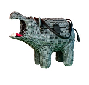 Blue Hippo Shaped Rattan Storage <b>Basket</b> Animal Design Decorative Organizer Plant Fiber Material Portable - Product Image 1