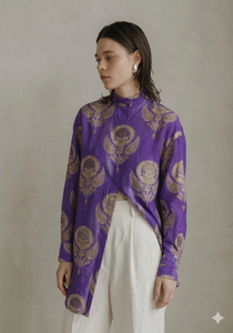 Chemise longue ample à fente en mousseline de soie à séchage rapide avec imprimé motif violet décontracté pour femme Simmi Saboo - Product Image 4