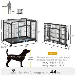 Heavy Duty 37\" Metal Dog <b>Crate</b> Modern <b>Folding</b> Kennel with Removable Tray Cover 4 Wheels Gray-for Breeding Medium Sized Breeds - Product Image 3
