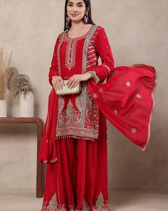 Elegant Red Embroidered <b>Kurta</b> Palazzo Set with Dupatta for Women | Festive Ethnic Wear Salwar Suit - Product Image 1
