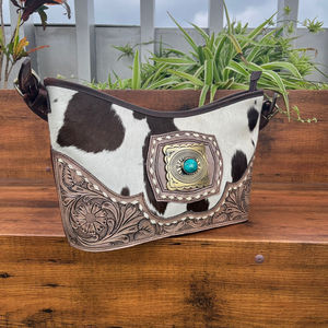 Bolso de mano de piel auténtica de vaca personalizado superventas para mujer, monedero Concho con piedra turquesa Floral, cierre de cremallera, estilo occidental - Product Image 4