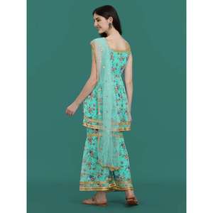 VÊTEMENTS DE SOIRÉE TOP DE TRAVAIL IMPRIMÉ GEORGETTE PALAZZO AVEC DUPATTA VERT MER - Product Image 3