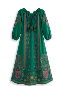 High Quality Mexican Style Embroidered Butterfly Sleeve Kaftan Caftan Wedding Festival Boho 100% Cotton Maxi <b>Dress</b> - Product Image 3