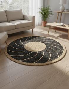 Hacer una declaración, alfombras abstractas de yute de tonos neutros, alfombras bordadas modernas tejidas a mano sostenibles, respaldo antideslizante acolchado - Product Image 1