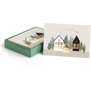 Set di 16 Biglietti d'Auguri Natalizi con Case Invernali e Buste Dorate, Biglietti per le Festività Natalizie - Product Image 1