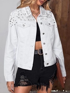White Denim Jacket With Rhinestone Rivet Decoration Turn-down Collar Single Breasted Casual Style Regular Sleeve Spring Wear - Product Image 3
