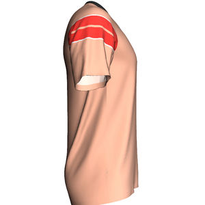 Camiseta Deportiva Moderna con Cuello en V Color Durazno, Mangas con Doble Raya Roja Intensa y Ribete Negro en Contraste - Product Image 3