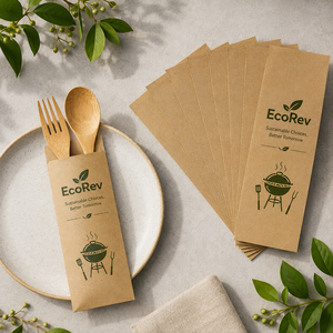 EcoRev ECO60 Custom Luxury Kraft <b>Paper</b> <b>Biodegradable</b> Cutlery Bags Twisted Handles Self-Adhesive Seal Bottom Gusset Offset - Product Image 6