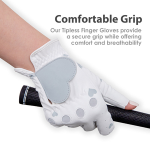 Gants de golf blancs pour femmes, demi-doigts, avec motif cœur rose, en cuir microfibre, à enfiler, pour le sport - Product Image 2