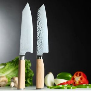 Cuchillos de chef Kiritsuke clásicos rubios de 8 pulgadas, estilo Damasco, de acero inoxidable, para cocina asiática, con mango de madera. - Product Image 6