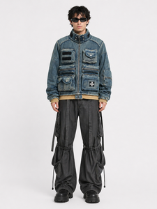Mens <b>Vintage</b> Wash Blue <b>Denim</b> Utility <b>Jacket</b> Multi Pocket Cargo Style Outerwear High Neck Zip Up Streetwear <b>Jacket</b> Relaxed Fit - Product Image 2