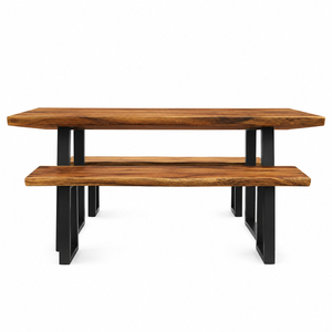 Juego de Comedor Rectangular Moderno de Madera Maciza de Suar con Bordes Naturales, Patas de Hierro, 2 Bancos, 6 Plazas, para Restaurante, Cafetería, Villa, Hotel - Product Image 3