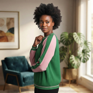 Cosh International Acrylic Sisterhood Sorority Green Pink Contrast Knitted Cardigan Full Sleeve Raglan Crew Neck <b>Zipper</b> <b>Top</b> - Product Image 4
