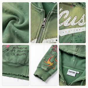 เสื้อฮู้ดซิปผู้ชายแบบสั่งทำ OEM ผ้าคอตตอนหนา 400gsm สไตล์วินเทจฟอกสี ลวดลายสตรีทแวร์ประดับคริสตัล ดีไซน์ทำเก่า ไซส์ XS - Product Image 4