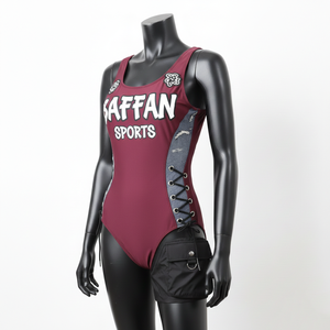 ชุดว่ายน้ำผู้หญิง ผ้าโพลีเอสเตอร์ผสมสแปนเด็กซ์ ยืดหยุ่นสูง 225 GSM สีเบอร์กันดี เกรย์ แต่งลูกไม้  พร้อมโลโก้พิมพ์ลายสกรีน - Product Image 1