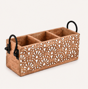 Porte-couverts artisanal en bois de manguier à 3 compartiments avec poignées en fer, support rustique en bois pour ustensiles de cuisine et de table - Product Image 5