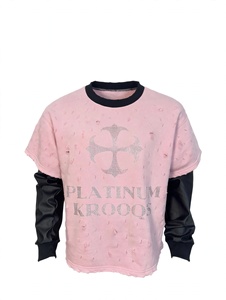 Custom <b>Men</b> Distressed <b>Pink</b> Long Sleeve <b>T</b> <b>Shirt</b> Rhinestone Cross Graphic Leather Sleeve Double Layer Crewneck Oversized Vintage - Product Image 1