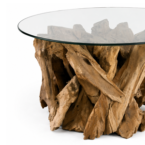 Table basse ARTERRA en racine de teck décorative de qualité supérieure avec plateau en verre, design cylindrique moderne, meubles pour la maison, pour le salon - Product Image 3