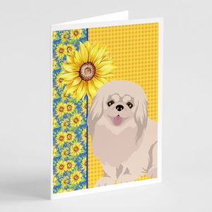 Summer Sunflowers <b>White</b> Pekingese Greeting Cards Pack 8 Blank A7 Size 5x7 Note Cards with <b>Envelopes</b> Whimsical Design - Product Image 1