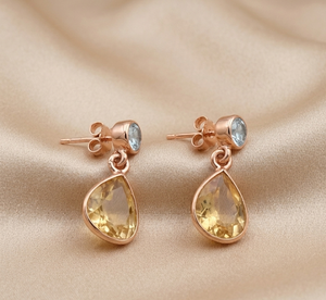 Pendientes de Citrino Natural y Topacio Azul, Plata de Ley 925, Chapados en Oro Rosa Amarillo, con Forma de Pera, Hechos a Mano, Joyería de Piedras Preciosas, Regalo para Mujer - Product Image 2