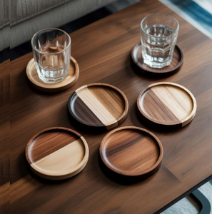 Sous-verres en bois de forme arrondie en noyer, palette en bois personnalisée pour boissons chaudes et froides à prix abordable - Product Image 1