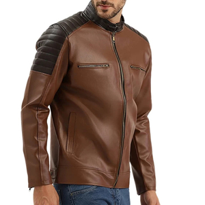 Chaqueta Casual de Motociclista para Hombre, de Cuero PU Marrón y Lona, con Cuello Alto, Cierre de Cremallera, Color Sólido, Manga Regular, Impermeable para Invierno - Product Image 4