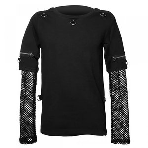 <b>Men's</b> Gothic Punk Rock Black T-Shirt with Mesh Fishnet Long Sleeves and D-Ring Hardware Details Top Selling 2026 - Product Image 1