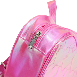 Holographic Pink Heart Quilted <b>Backpack</b> for Girls, Shiny PU Leather Cute <b>Mini</b> School Bag with Adjustable Straps - Product Image 3