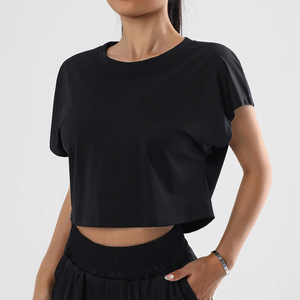 Haut court noir pour femme, à manches courtes, col rond, coupe ample, décontracté, en tricot, couleur unie, respirant, printemps-été - Product Image 5