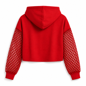SALSTAR Women's Cropped <b>Hoodie</b> <b>Red</b> Mesh Lantern Sleeve Sequined Logo Sweatshirt Summer Casual Wear - Product Image 4