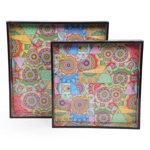 Multi Color Floral Design <b>Square</b> Trays with Handles for Serving Snacks for Home and Kitchen and <b>Dinning</b> Purpose Usage Available - Product Image 1