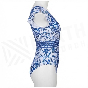 Traje de Baño de Una Pieza con Estampado Floral Azul para Mujer, Cuello en V Profundo, Manga con Volantes, Cintura Alta, Traje de Baño Elástico - Product Image 3