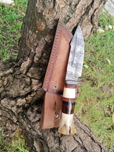 Couteau de chasse multifonctionnel artisanal en acier Damas, lame fixe à pointe tombante, pour le camping en extérieur, manche en bois de cerf - Product Image 3