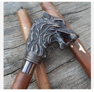 Canne de marche vintage avec tête de loup, poignée en laiton, canne en bois polie, canne de marche de collection pour cadeau et voyage - Product Image 3