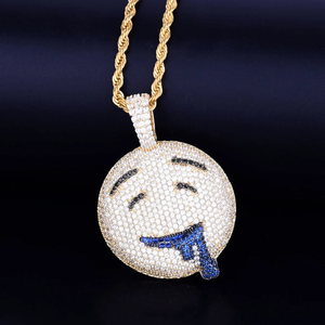 Drool Round Face Pendant Bling Necklace Mens Hip Hop Jewelry <b>Iced</b> <b>Out</b> Emoji Medallion Gold Silver Cuban <b>Chain</b> Charm Mens Choker - Product Image 3