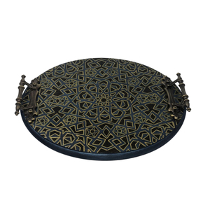 Plateau de service artisanal en bois de noyer avec incrustation de nacre, style ottoman marocain de luxe, avec poignées - Product Image 3